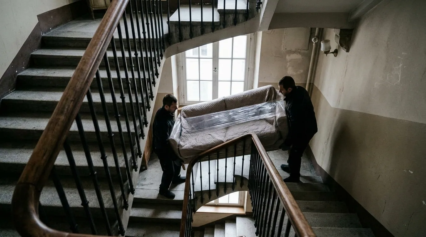 Sofa wird durch ein enges Zürcher Treppenhaus getragen